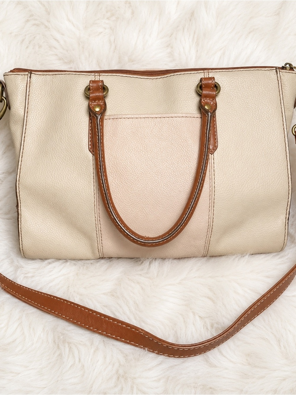 Tignanello Purse two-tone leather handbag Cream and Tan Satchel Shoulder Bag